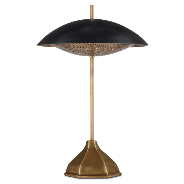 Domville Modern Table Lamp - Antique Brass & Black Metal Shade with Unique Hexagonal Base Design