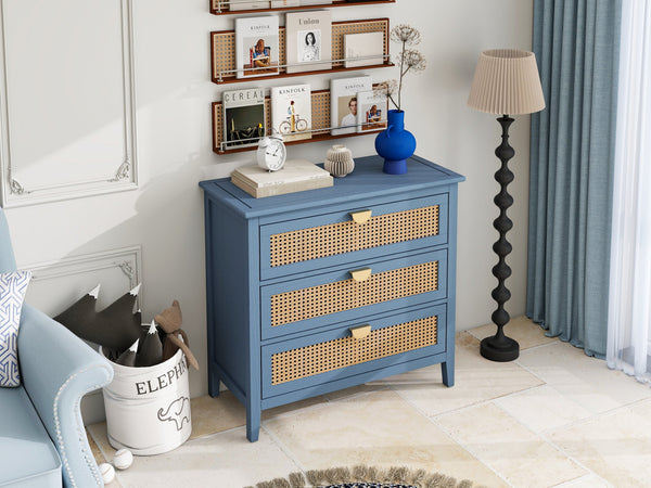 English Elm 3 Drawer Cabinet Blue Rattan Accent Storage Chest with Semi-Circle Handles, 100lb Capacity, MDF Design W688121899