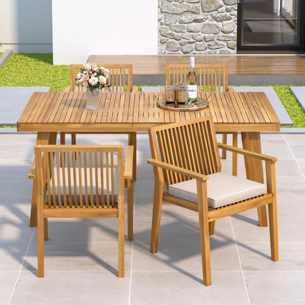 English Elm Christopher Knight Home® - Durable 5-Piece Outdoor Dining Set - Acacia Wood Table & 4 Heavy-Duty Cushioned Chairs, Natural Finish N779P234497N-2_N779P234500N