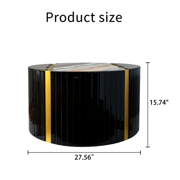 English Elm Black Round Mirrored Glass Coffee Table Gold Sunburst Glam Accent for Living Room Black W3836P382373