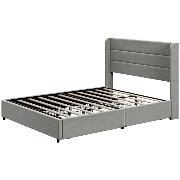 English Elm HOMCOM Full Size Bed Frame with LED RGB Headboard, Built-In Charging Station and 3-Tier Shelf Light Gray W2225P249913