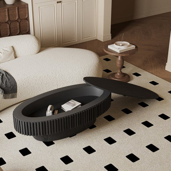 English Elm 47'' Oval Storage Coffee Table Fluted Wood Veneer Lift Lid Sculptural Living Room Accent Black W1435P293221
