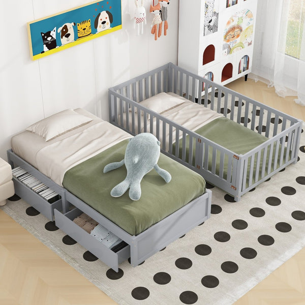 English Elm Twin Pinewood Daybed with Fence Guardrails Two Storage Drawers and Split Floor Bed Gray LP200881AAE