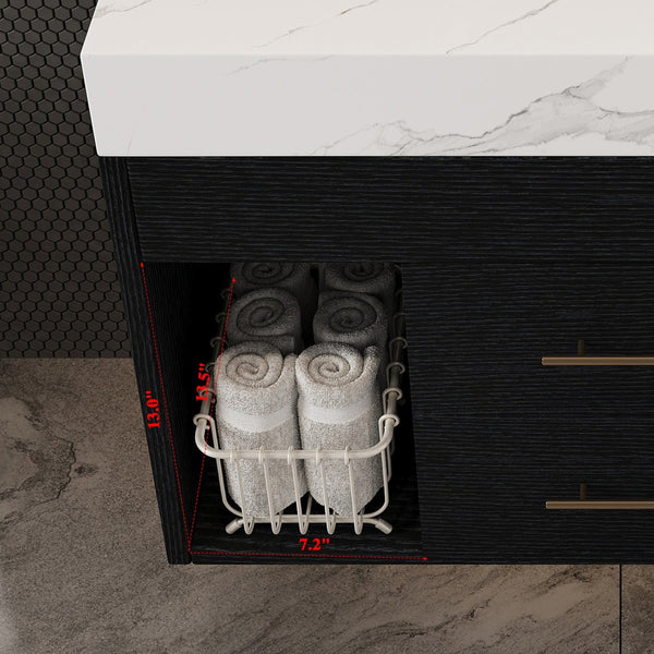 English Elm 29.9" Floating Bathroom Vanity Sintered Stone Top Soft Close Drawers Bronze Gold Hardware W3136S00038