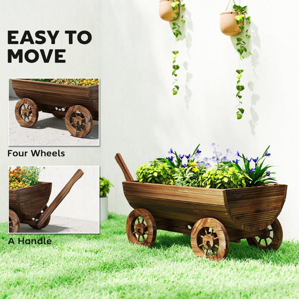 English Elm Outsunny Carbonized Fir Wood Wagon Planter on Wheels Rustic Farmhouse Garden Cart W2225P485575