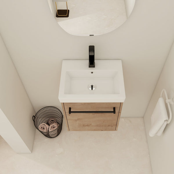 English Elm 18'' Floating Wall-Mounted Bathroom Vanity with Ceramic Sink, Soft-Close Door & Space-Saving Design Imitative Oak W999P236339