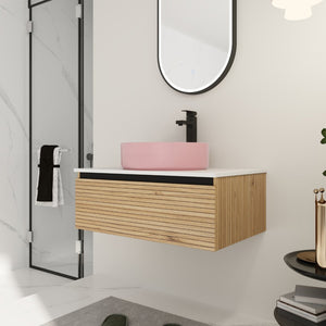 English Elm 30'' 30 Inch Floating Bathroom Vanity with Ceramic Vessel Sink and Soft Close Drawer W999S00361