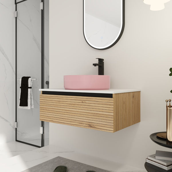 English Elm 30'' 30 Inch Floating Bathroom Vanity with Ceramic Vessel Sink and Soft Close Drawer W999S00361