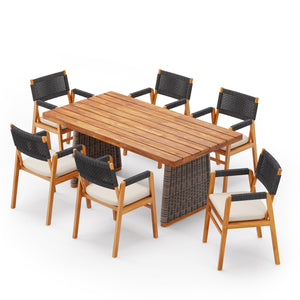 English Elm Christopher Knight Home® - Outdoor 7-Piece Acacia Wood Dining Set With Stylish Rattan Legs & Comfortable Cushions For Patios N773OD00046B