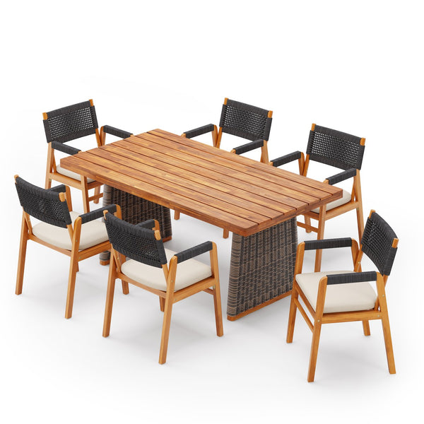 English Elm Christopher Knight Home® - Outdoor 7-Piece Acacia Wood Dining Set With Stylish Rattan Legs & Comfortable Cushions For Patios N773OD00046B
