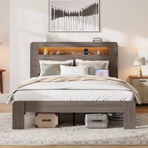 English Elm Bed Frame Full Size With Led Headboard, Usb Ports, Storage & Easy Assembly - Dark Grey Modern Design W636P288788