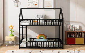 English Elm Metal Twin over Twin House Bunk Bed with Playful Roof, Sturdy Metal Frame, Quiet Support for Kids Black N709P214091B
