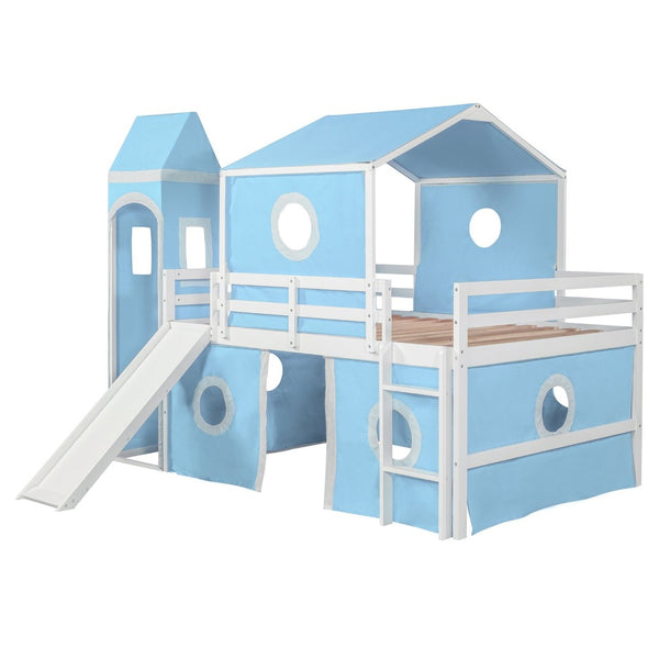 English Elm Full Size Castle Loft Bed with Slide Pink Tent Tower Pinewood Kids Play Frame LT000771AAC-1