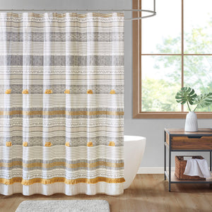 INK+IVY Cody BOHO Cotton Stripe Printed Shower Curtain with Tassel II70-1284 Gray/Yellow