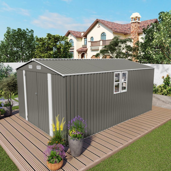 English Elm 10x14 Ft Galvanized Steel Outdoor Storage Shed with Lockable Doors and Vented Window W3213S00004