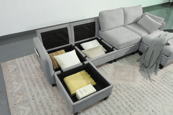 English Elm 102 Inch Linen Modular Sectional Sofa with Hidden Storage and Cloud Cushion Comfort Gray W1099S00215