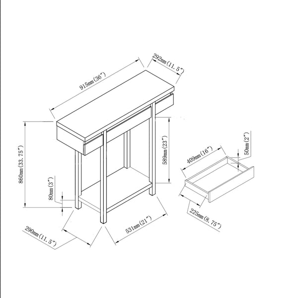 English Elm Entryway Slim Console Table with Hidden Drawer & Floating Shelf, Wooden Legs for Compact Storage and Display B107P302102