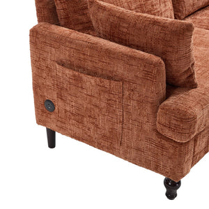 English Elm Modern chenille 2-seater sofa with LED, USB charging, storage pocket, solid wood legs, durable comfort Orange W395P318543