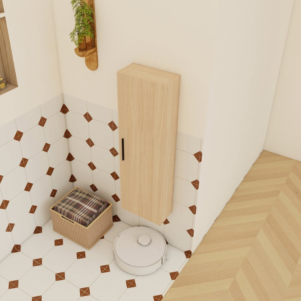 English Elm 12" Wall-mounted Oak Plywood Bathroom Linen Cabinet Slim Floating Single Door Storage W3450P440605