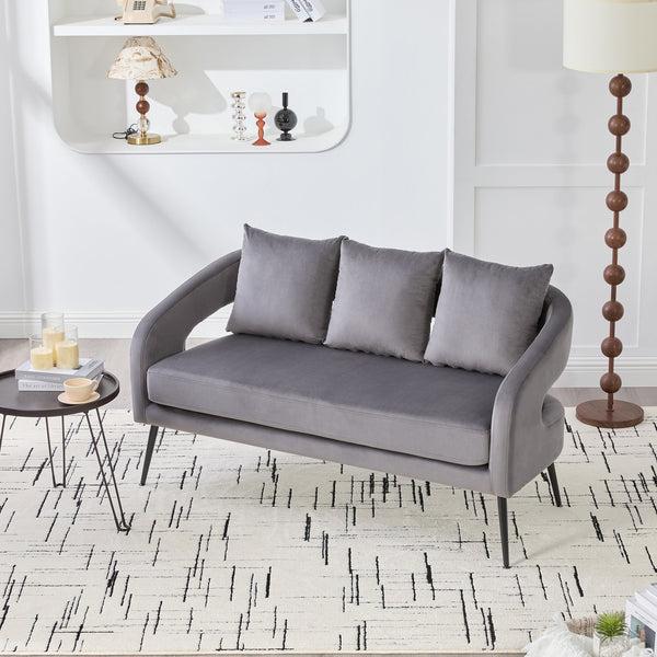 English Elm 53.7"Modern Velvet Loveseat with Open Back and 3 Pillows, Compact 2-Seater Sofa with Metal Legs Charcoal W3118P312819