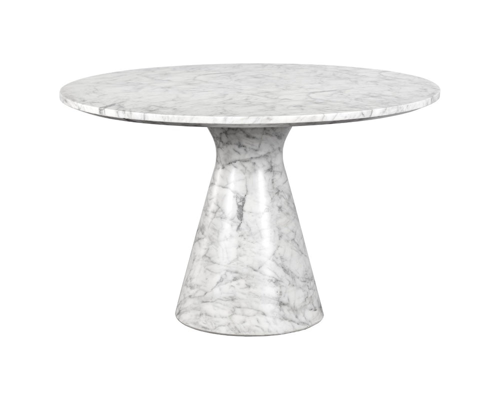 Sunpan SHELBURNE Round Dining Table - Elegant White Faux Marble Top with Tapered Base for Modern Spaces 106642