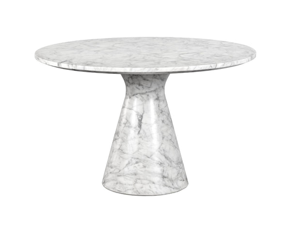 Sunpan SHELBURNE Round Dining Table - Elegant White Faux Marble Top with Tapered Base for Modern Spaces 106642