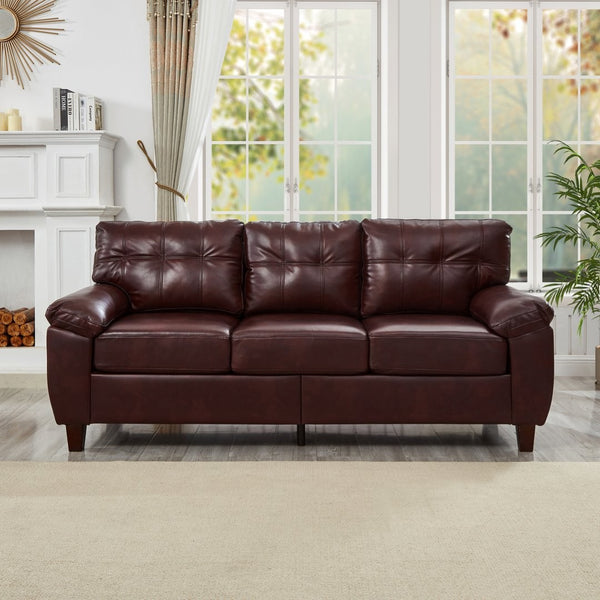 English Elm 79" Three Seat Pu Faux Leather Sofa Tufted Back Wide Arm with Hidden Storage Burgundy W1097S00247