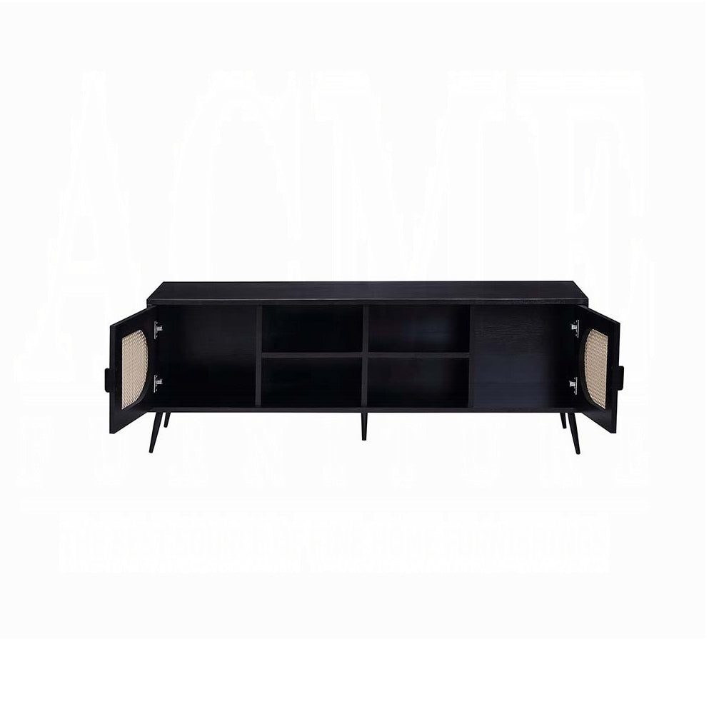 English Elm Black TV Stand Rattan Accent with Metal Legs, 4 Shelves & 2 Doors for Sleek Storage and Display (98) B062P209413