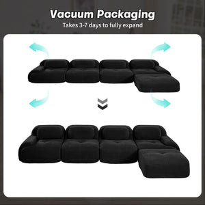 English Elm 4-seat Modular Corduroy Sectional Sofa with Curved Armrests for Living Rooms Black W714S01280