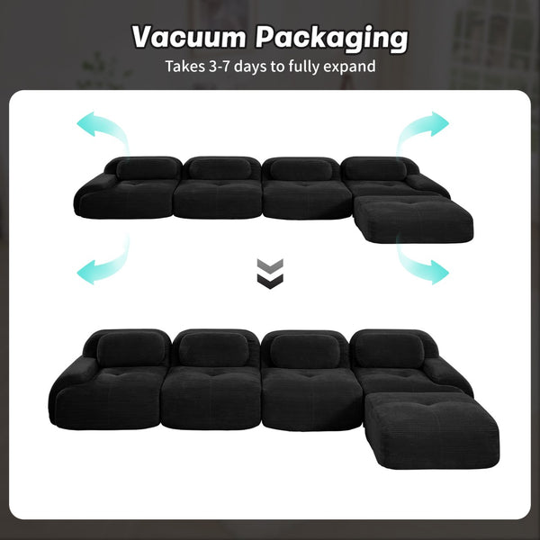 English Elm 4-seat Modular Corduroy Sectional Sofa with Curved Armrests for Living Rooms Black W714S01280