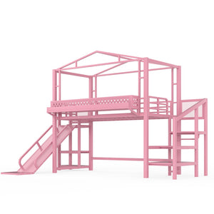 English Elm Twin Metal Loft Bed with Built-in Wardrobe Storage Stairs Led Lights and Usb Ports W5316S00046