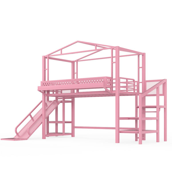 English Elm Twin Metal Loft Bed with Built-in Wardrobe Storage Stairs Led Lights and Usb Ports W5316S00046