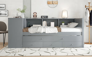 English Elm Twin Size Daybed With Trundle And Desk, Stylish Wood Frame With Storage Drawers And Shelves, Gray W1580S00204-GIGA