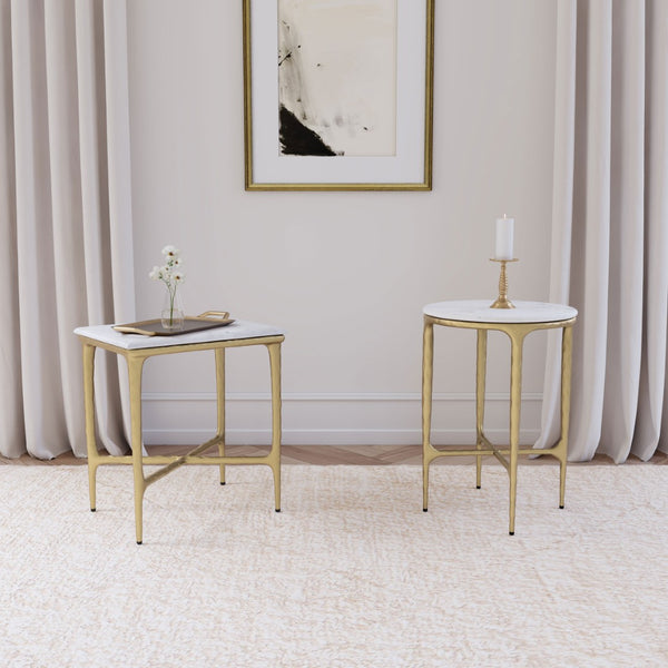 English Elm Prussia Genuine Marble Top Round Side Table with Hand-hammered Gold Steel Base B062P440297