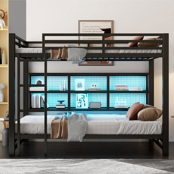 English Elm Metal Queen over Queen Bunk Bed with Storage Cabinets, LED Lighting, Sturdy Black Metal Frame, Space-Saving Design N7090000672B