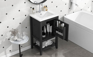 English Elm 20" Matte Freestanding Bathroom Vanity Rubberwood Cabinet Ceramic Sink Open Shelf Black N725P391115B