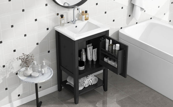 English Elm 20" Matte Freestanding Bathroom Vanity Rubberwood Cabinet Ceramic Sink Open Shelf Black N725P391115B