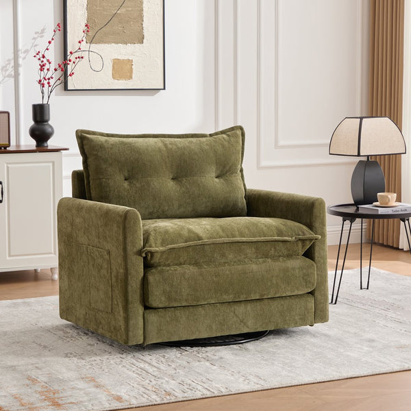 English Elm UNITED Swivel Barrel Chair with Chenille Upholstery, 360° Smooth Rotation, Padded Arm Comfort and Side Pockets for Living Room Relaxation Olive Green W1568P290086