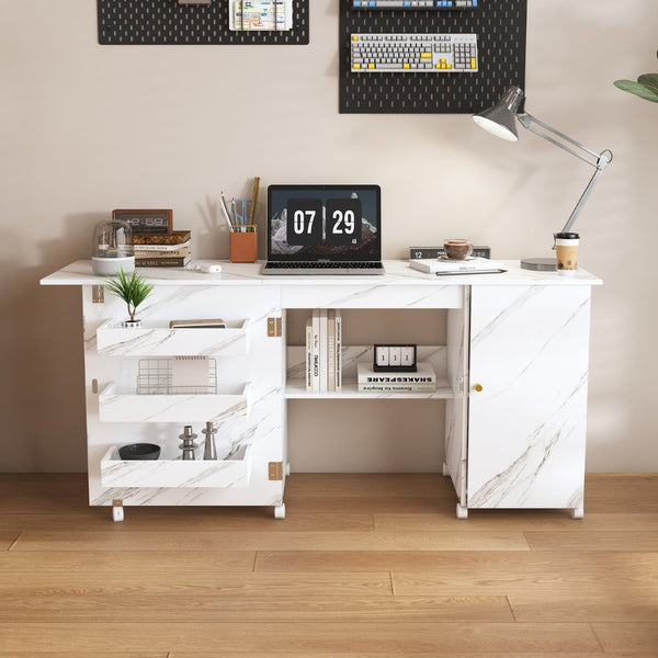 English Elm 57.5" Foldable Craft Station Rolling Sewing Table with Cabinet Bins and Open Shelf W2700P391395