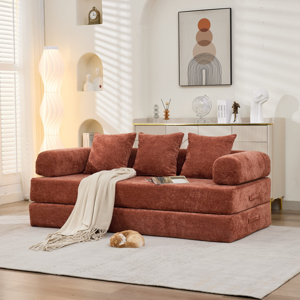 English Elm Comfy Convertible Folding Mattress Couch with Chenille Comfort, Space-Saving Floor Sofa Bed 3-Tier Orange W1143P364841