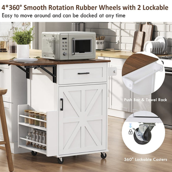 English Elm K&k Farmhouse Rolling Kitchen Cart with Drop Leaf Drawer Open Rack Lockable Wheels White N707P404539W