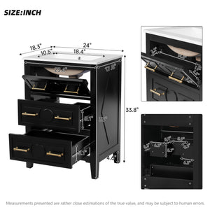 English Elm 24'' Bathroom Vanity with Ceramic Sink and 3 Drawers Retro Solid Wood Frame Freestanding Storage Black N710P371184B