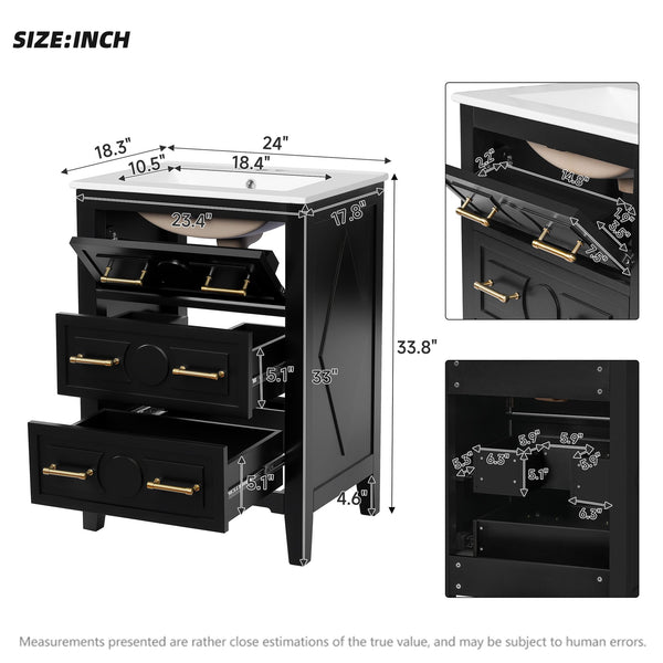 English Elm 24'' Bathroom Vanity with Ceramic Sink and 3 Drawers Retro Solid Wood Frame Freestanding Storage Black N710P371184B