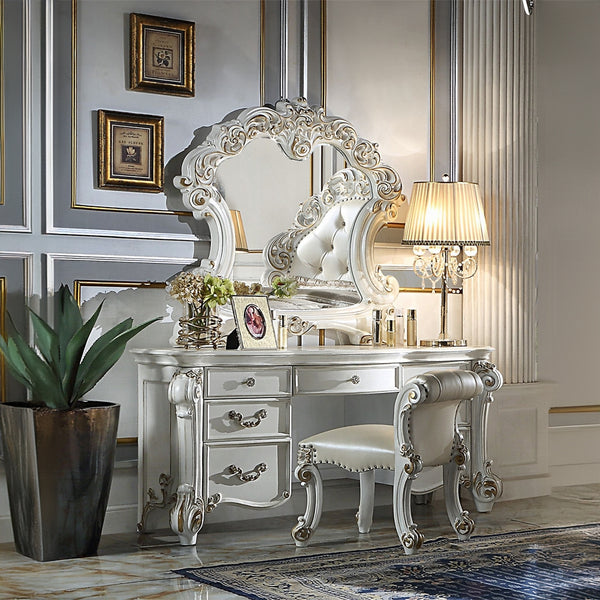 English Elm Beige Upholstered Vanity Stool with Nailhead Trim and Scrolled Base, Padded Seat & Antique Silver Accents B062P208998