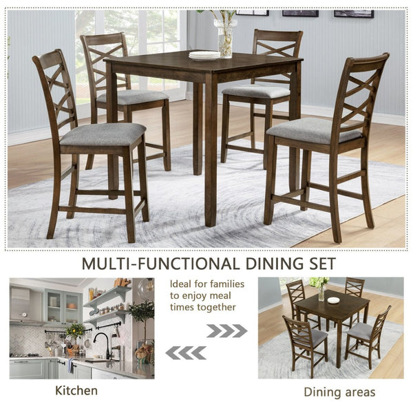 English Elm Elegant Square Acacia Wood Dining Set with Four Linen Upholstered Chairs Modern Style W1998S00084