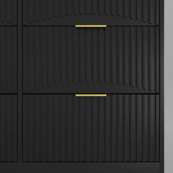 English Elm Black Nine Drawer Wide Dresser Matte Wood Chest with Wavy Relief Panels Bedroom Storage Black W409P307541