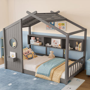 English Elm Twin House Floor Bed for Kids Montessori Playhouse with Roof, Built-In Shelf, Sturdy Pine Frame, Safeologna Gray 78.6 L x 16.6 W x 6.85 H N733P335064E