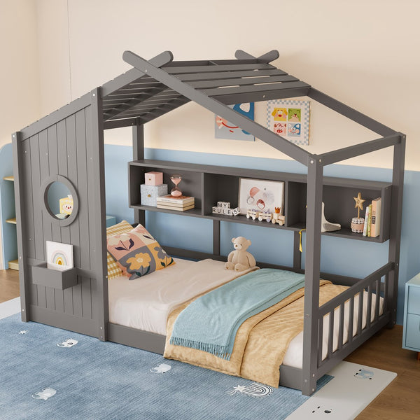English Elm Twin House Floor Bed for Kids Montessori Playhouse with Roof, Built-In Shelf, Sturdy Pine Frame, Safeologna Gray 78.6 L x 16.6 W x 6.85 H N733P335064E