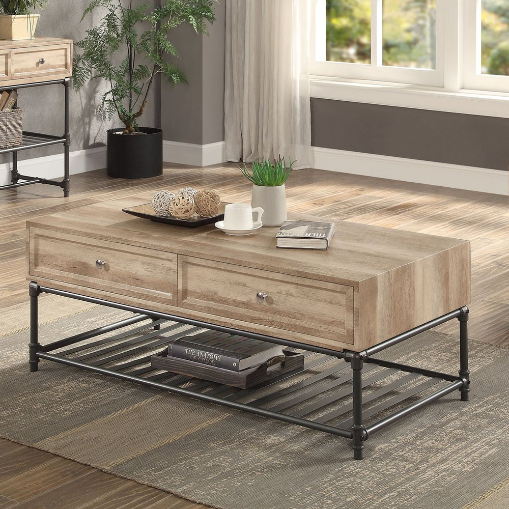 English Elm Oak Industrial Coffee Table with Bottom Shelf, Oak & Sandy Black Finish, Modern Storage and Sturdy Support (47" x 24") B062P209062