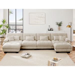 English Elm Free Modular U-Shaped Sectional Sofa With 2 Ottomans – Cozy Light Coffee Chenille 4-Seater Couch W714S01033